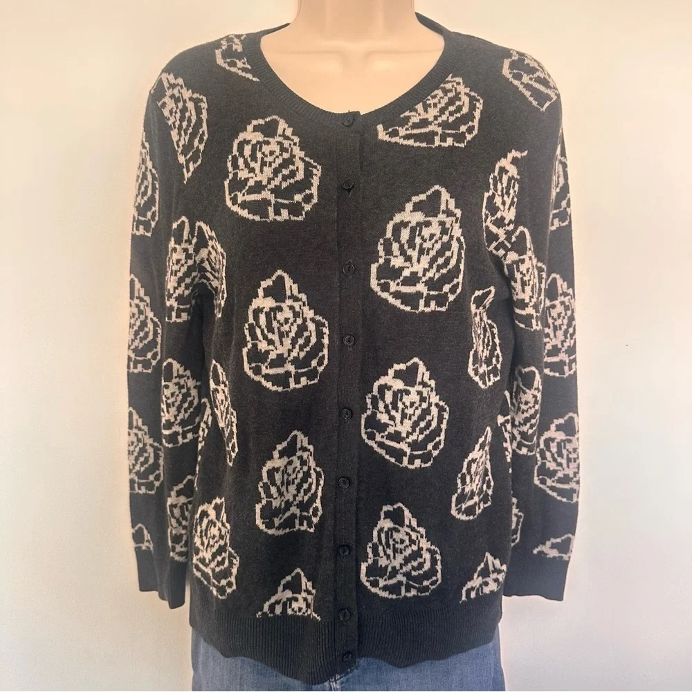 LOFT Women’s Gray Cardigan with Floral Design Size Medium
